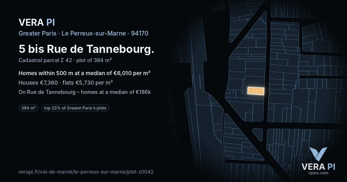 5 bis Rue de Tannebourg, Le Perreux-sur-Marne at night – the plot lit, the parcels around coloured by the prices near them