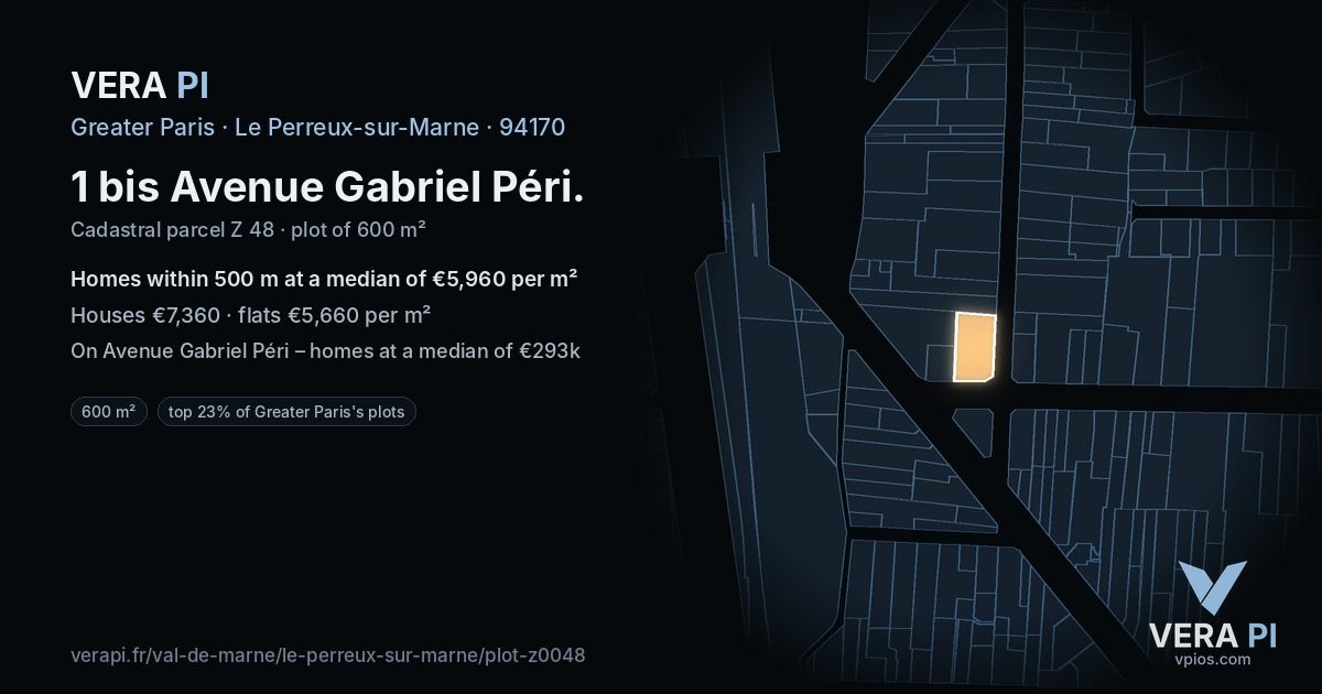 1 bis Avenue Gabriel Péri, Le Perreux-sur-Marne at night – the plot lit, the parcels around coloured by the prices near them
