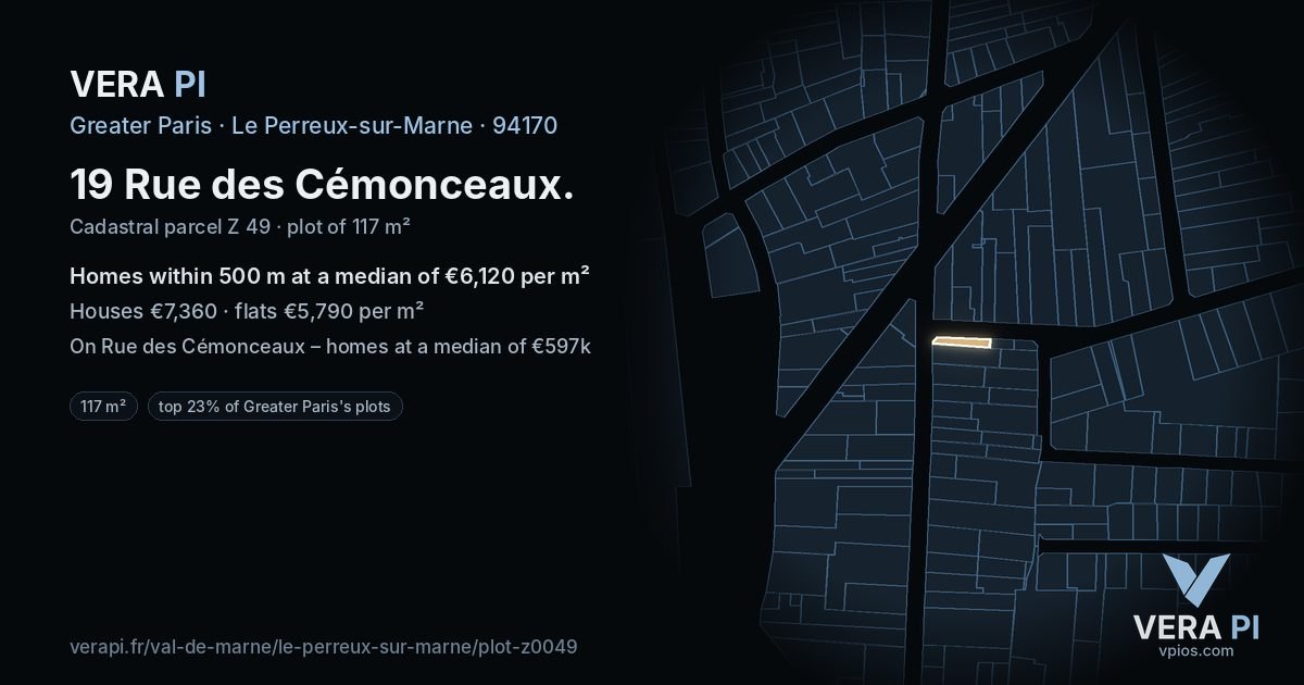 19 Rue des Cémonceaux, Le Perreux-sur-Marne at night – the plot lit, the parcels around coloured by the prices near them