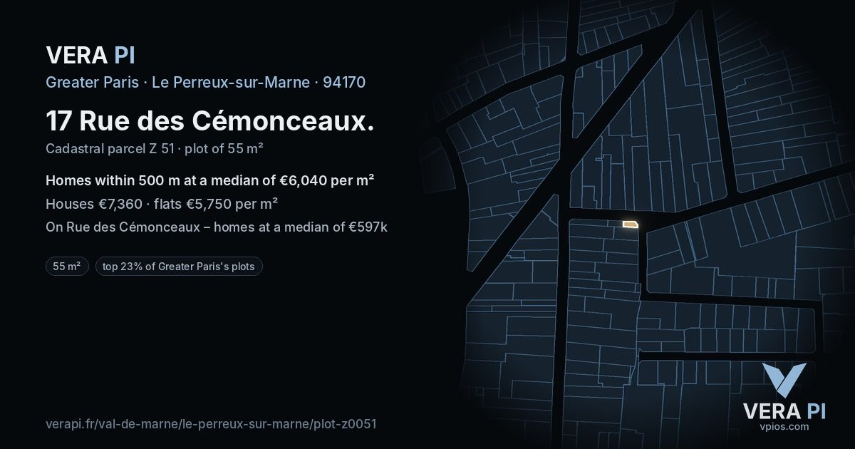 17 Rue des Cémonceaux, Le Perreux-sur-Marne at night – the plot lit, the parcels around coloured by the prices near them