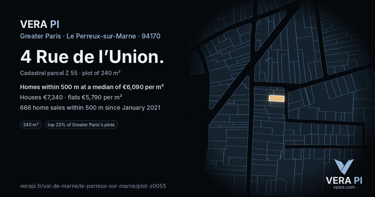 4 Rue de l’Union, Le Perreux-sur-Marne at night – the plot lit, the parcels around coloured by the prices near them