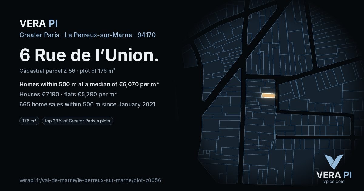 6 Rue de l’Union, Le Perreux-sur-Marne at night – the plot lit, the parcels around coloured by the prices near them