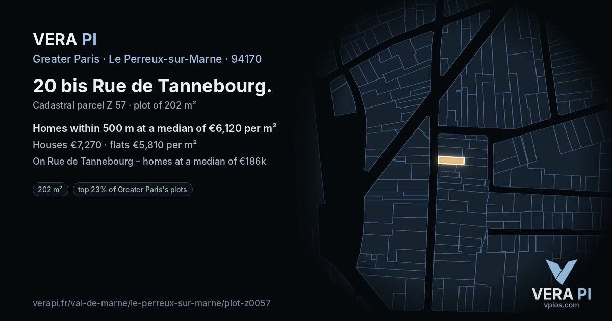 20 bis Rue de Tannebourg, Le Perreux-sur-Marne at night – the plot lit, the parcels around coloured by the prices near them