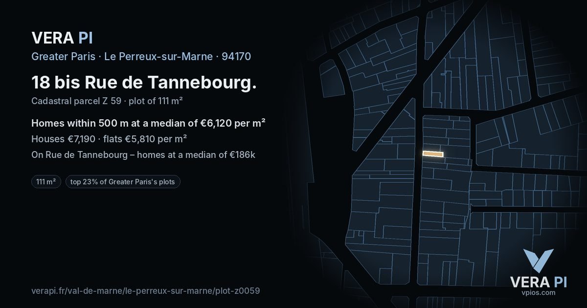 18 bis Rue de Tannebourg, Le Perreux-sur-Marne at night – the plot lit, the parcels around coloured by the prices near them