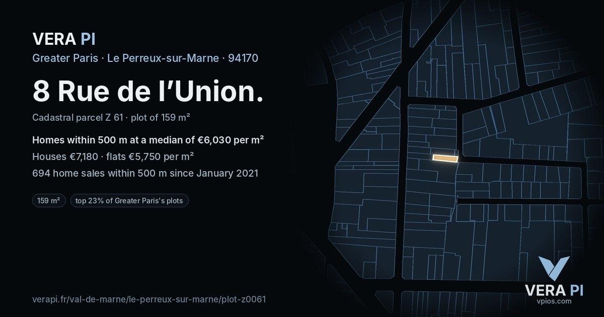 8 Rue de l’Union, Le Perreux-sur-Marne at night – the plot lit, the parcels around coloured by the prices near them