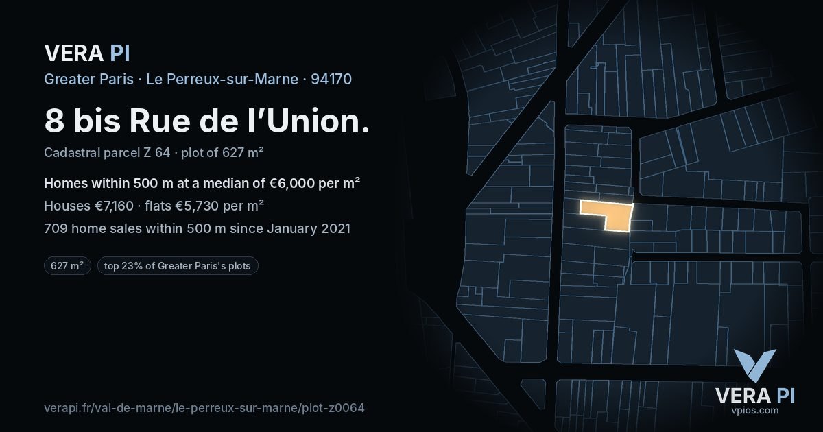8 bis Rue de l’Union, Le Perreux-sur-Marne at night – the plot lit, the parcels around coloured by the prices near them