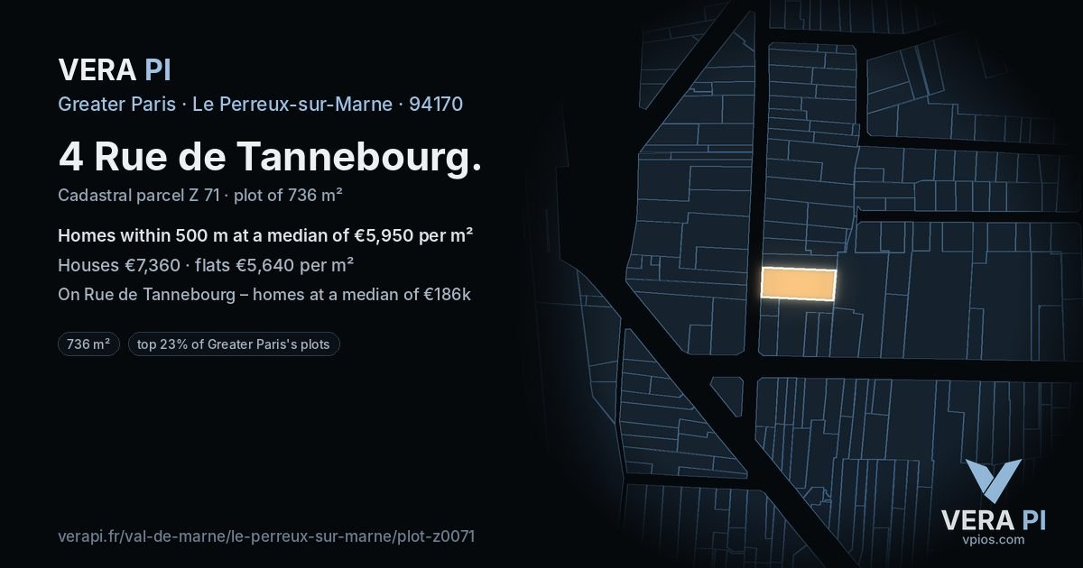 4 Rue de Tannebourg, Le Perreux-sur-Marne at night – the plot lit, the parcels around coloured by the prices near them