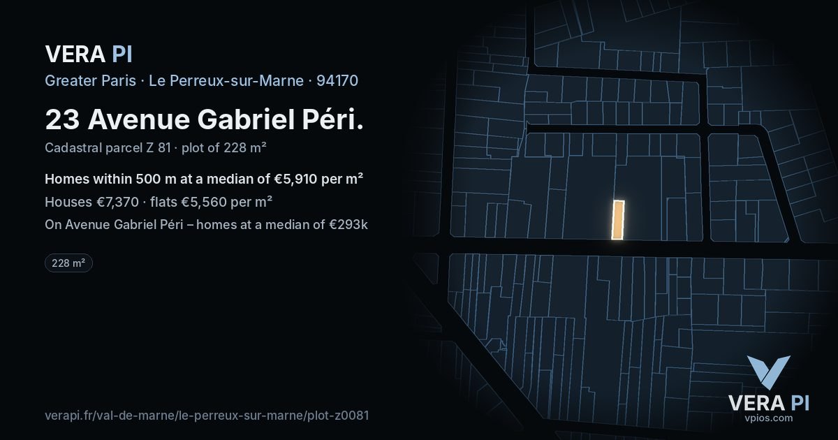 23 Avenue Gabriel Péri, Le Perreux-sur-Marne at night – the plot lit, the parcels around coloured by the prices near them