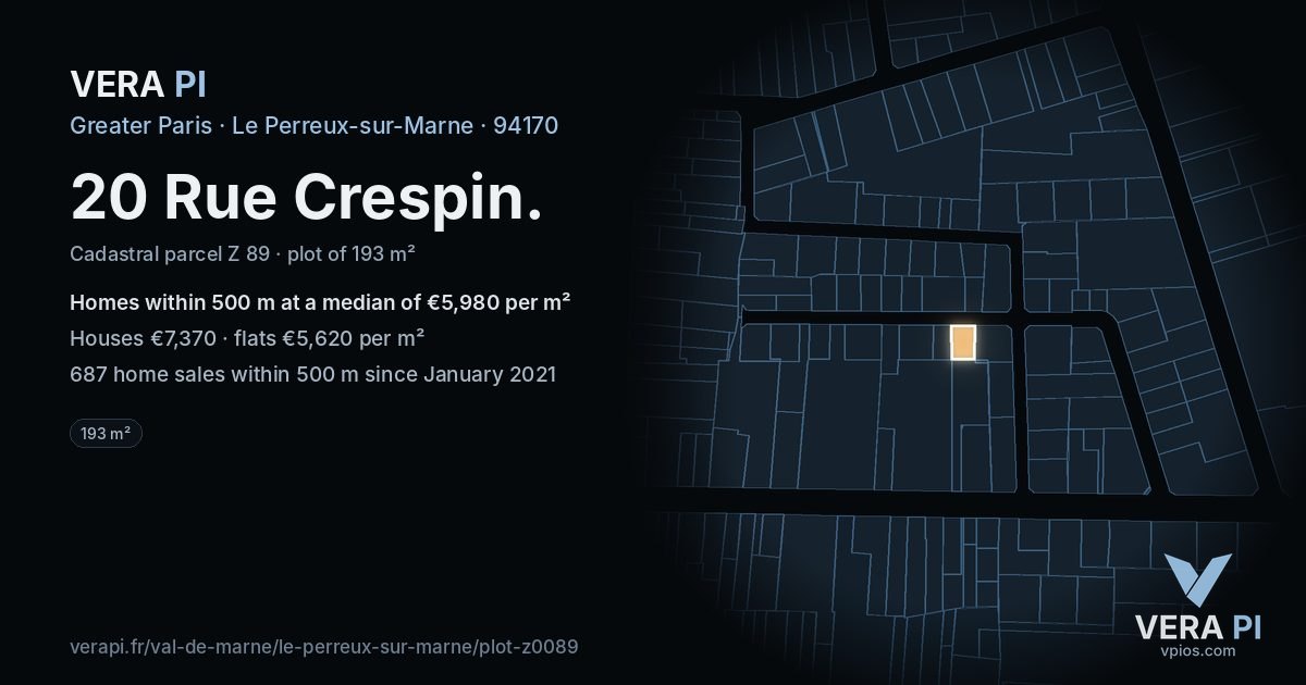 20 Rue Crespin, Le Perreux-sur-Marne at night – the plot lit, the parcels around coloured by the prices near them