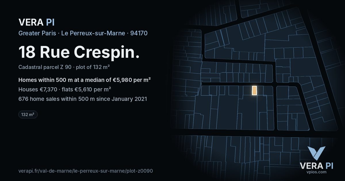 18 Rue Crespin, Le Perreux-sur-Marne at night – the plot lit, the parcels around coloured by the prices near them