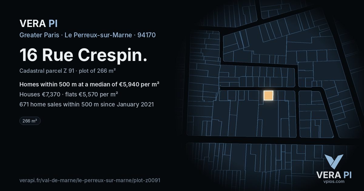 16 Rue Crespin, Le Perreux-sur-Marne at night – the plot lit, the parcels around coloured by the prices near them