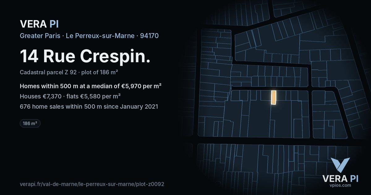 14 Rue Crespin, Le Perreux-sur-Marne at night – the plot lit, the parcels around coloured by the prices near them