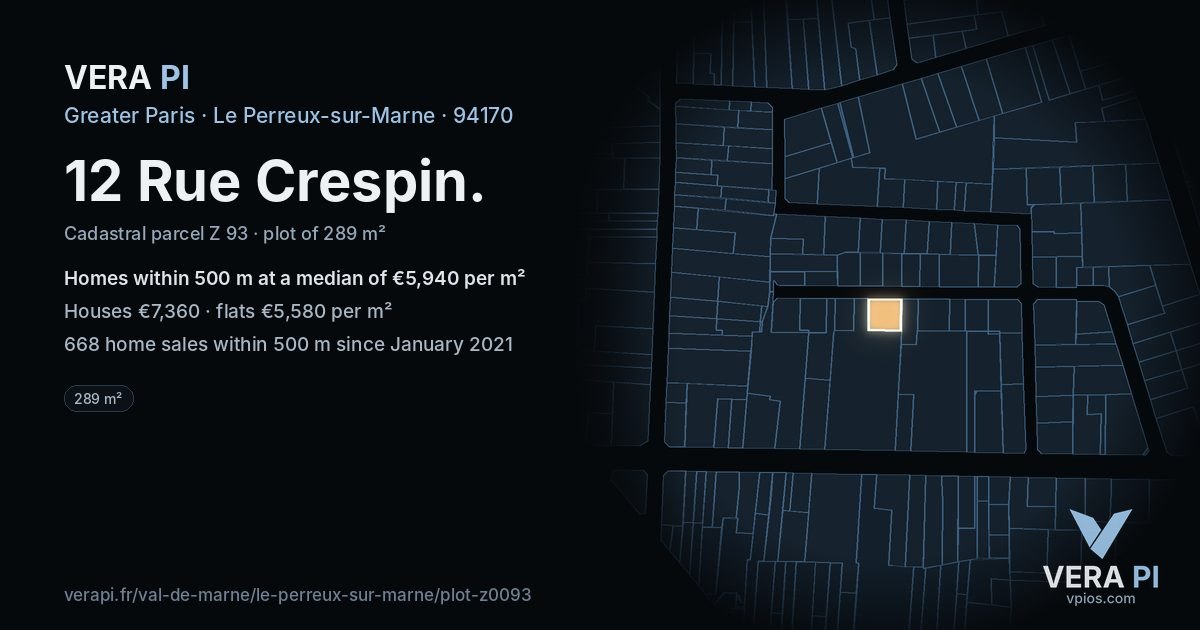 12 Rue Crespin, Le Perreux-sur-Marne at night – the plot lit, the parcels around coloured by the prices near them