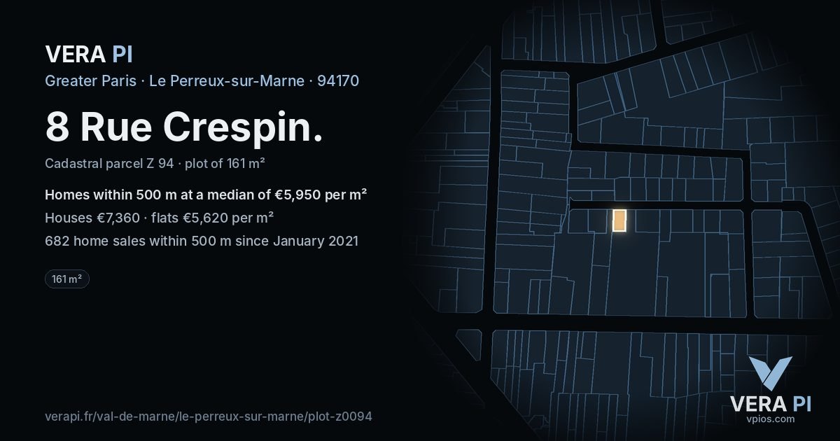 8 Rue Crespin, Le Perreux-sur-Marne at night – the plot lit, the parcels around coloured by the prices near them
