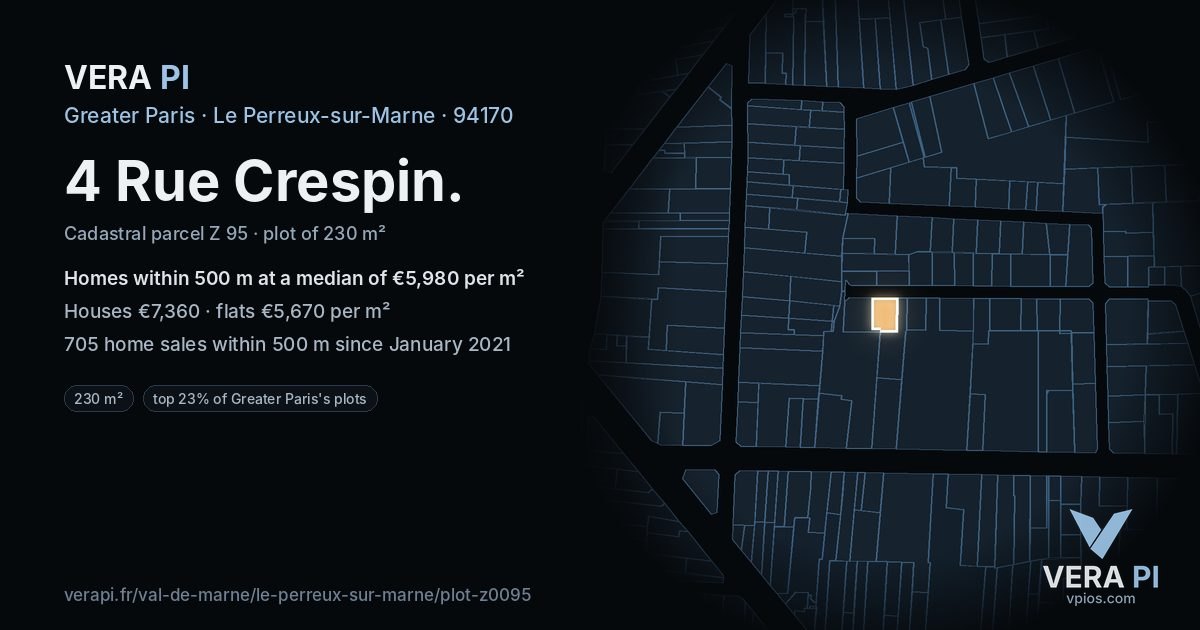 4 Rue Crespin, Le Perreux-sur-Marne at night – the plot lit, the parcels around coloured by the prices near them