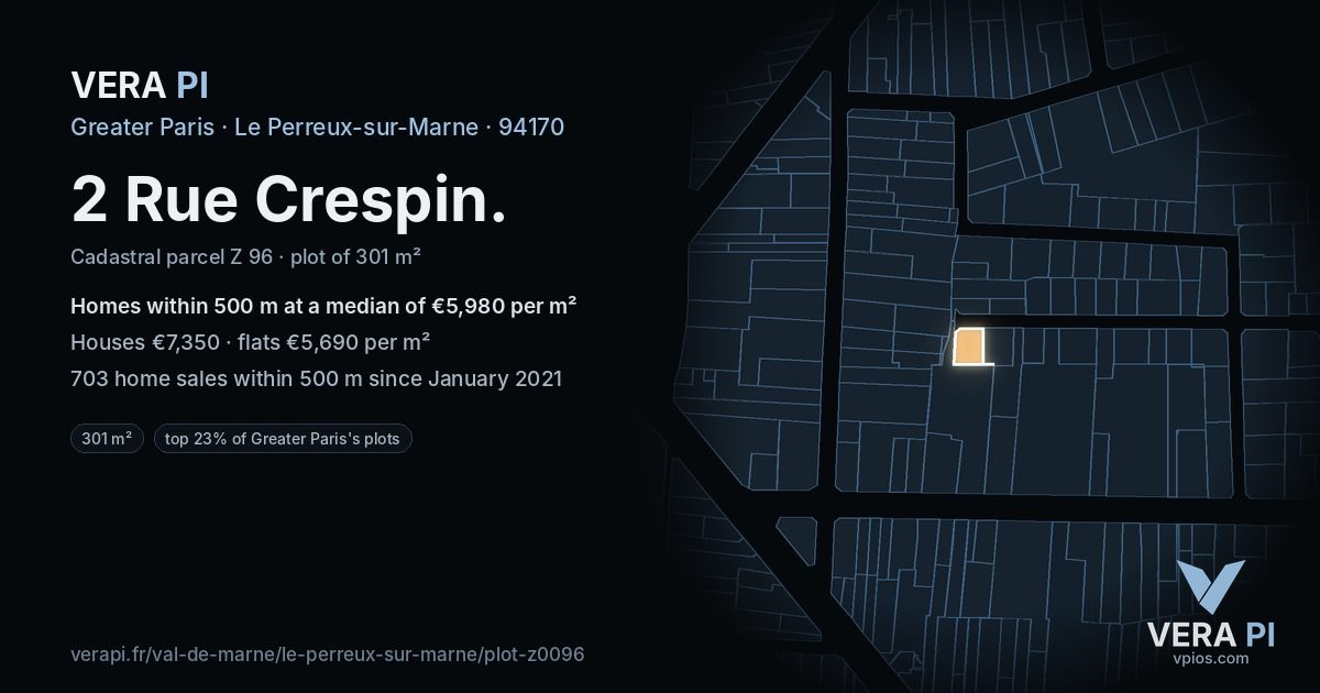 2 Rue Crespin, Le Perreux-sur-Marne at night – the plot lit, the parcels around coloured by the prices near them