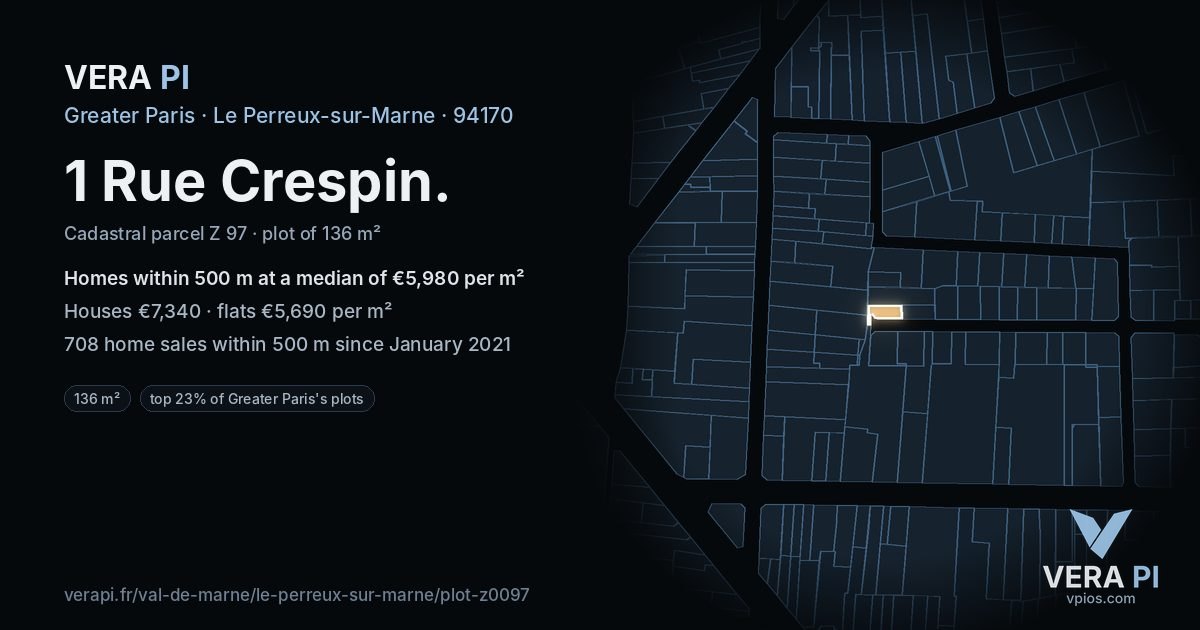 1 Rue Crespin, Le Perreux-sur-Marne at night – the plot lit, the parcels around coloured by the prices near them