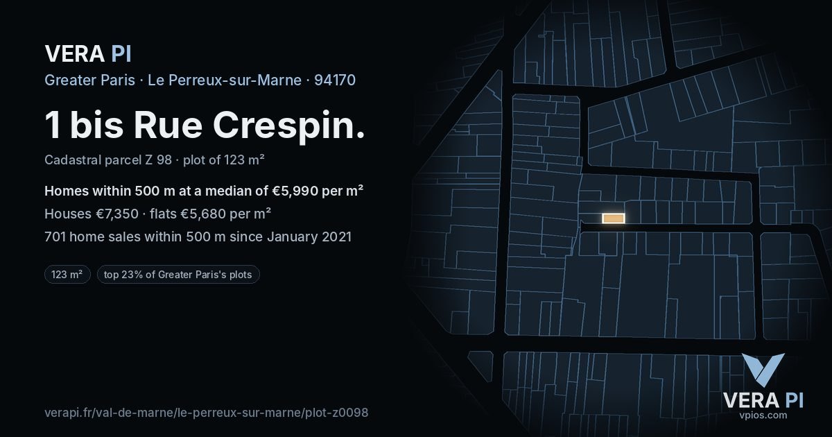 1 bis Rue Crespin, Le Perreux-sur-Marne at night – the plot lit, the parcels around coloured by the prices near them