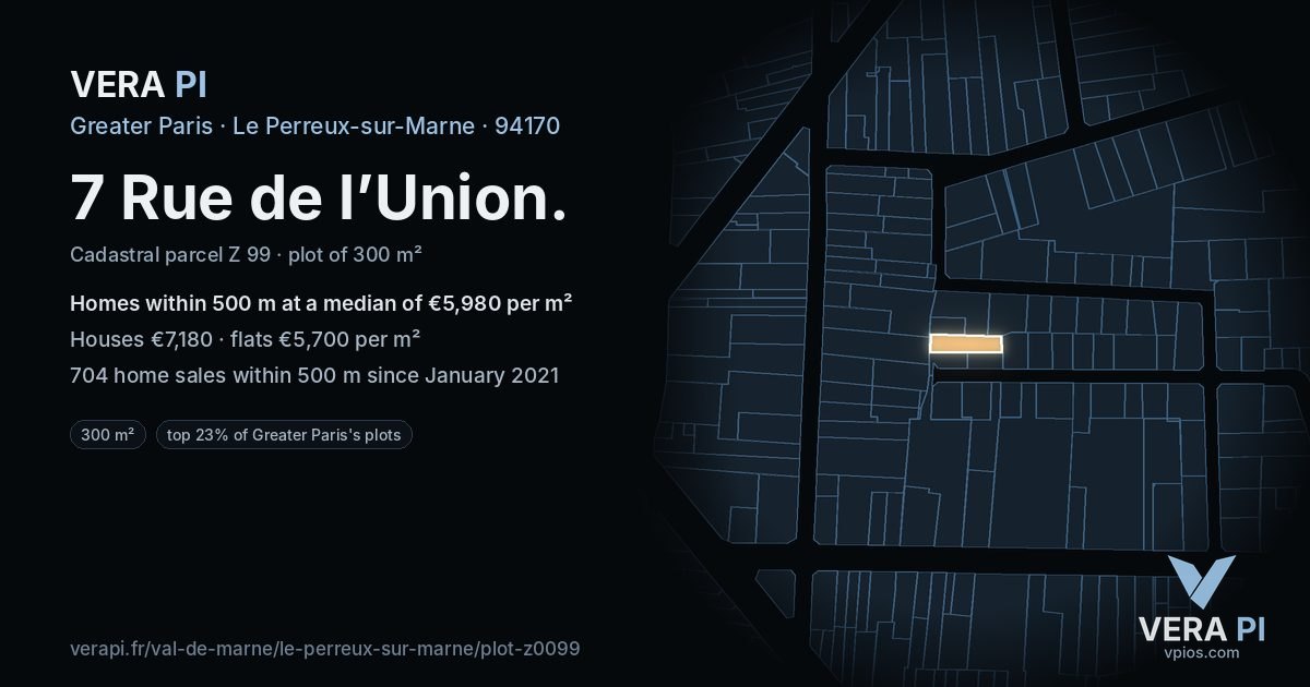 7 Rue de l’Union, Le Perreux-sur-Marne at night – the plot lit, the parcels around coloured by the prices near them