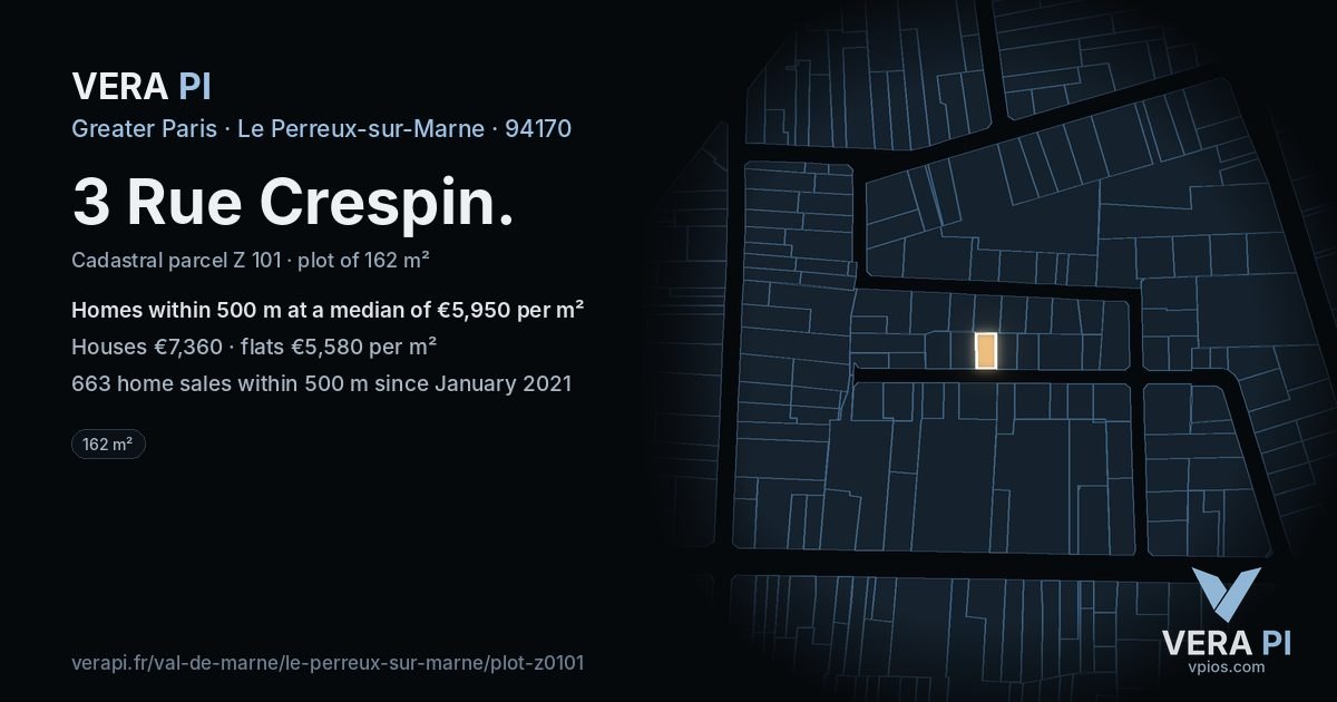 3 Rue Crespin, Le Perreux-sur-Marne at night – the plot lit, the parcels around coloured by the prices near them