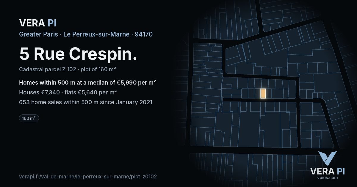5 Rue Crespin, Le Perreux-sur-Marne at night – the plot lit, the parcels around coloured by the prices near them