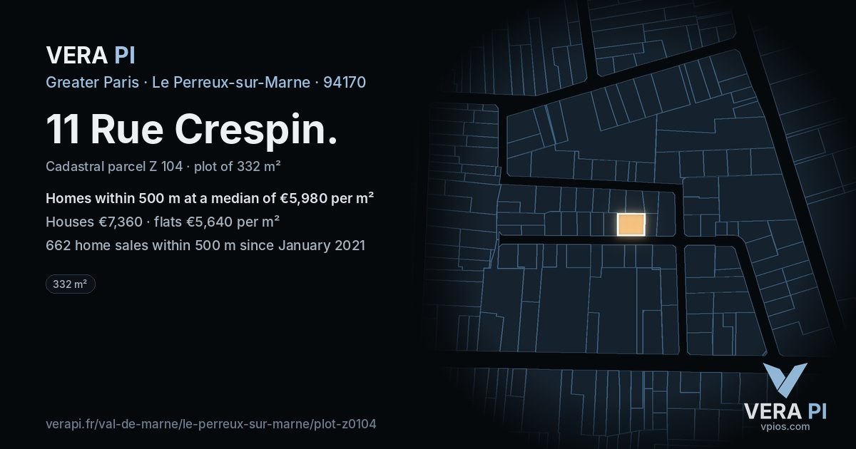 11 Rue Crespin, Le Perreux-sur-Marne at night – the plot lit, the parcels around coloured by the prices near them