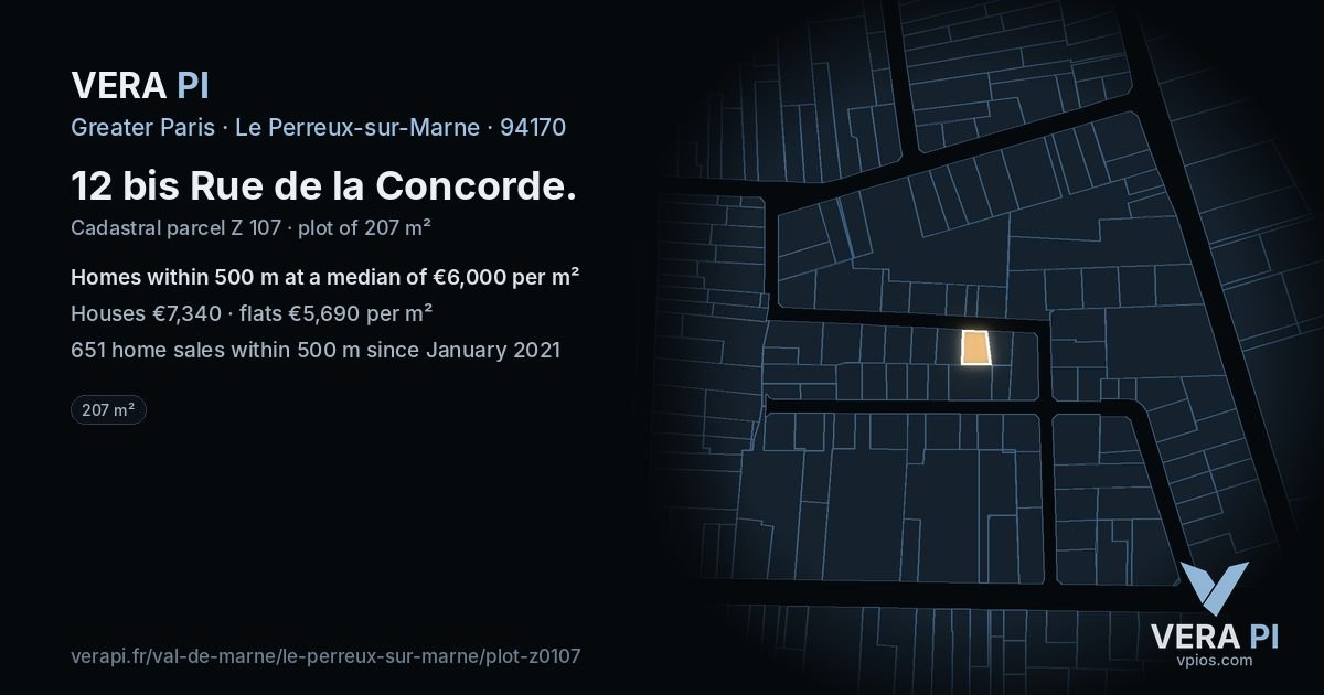 12 bis Rue de la Concorde, Le Perreux-sur-Marne at night – the plot lit, the parcels around coloured by the prices near them