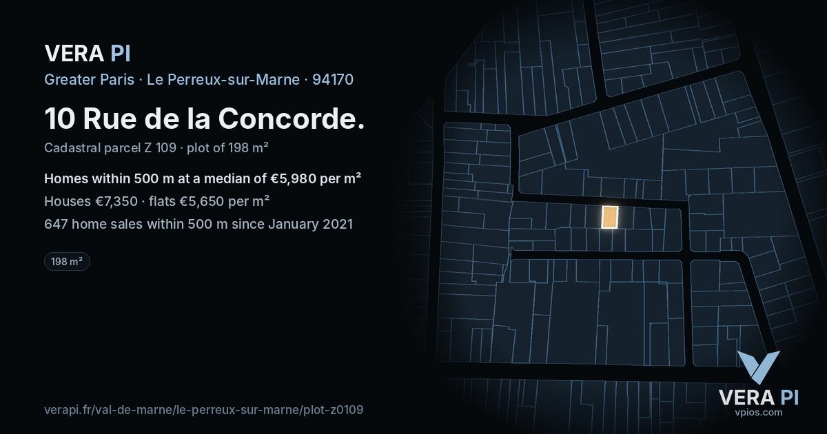 10 Rue de la Concorde, Le Perreux-sur-Marne at night – the plot lit, the parcels around coloured by the prices near them