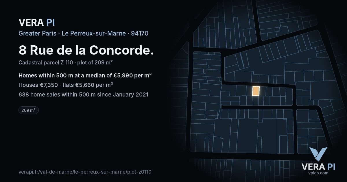 8 Rue de la Concorde, Le Perreux-sur-Marne at night – the plot lit, the parcels around coloured by the prices near them