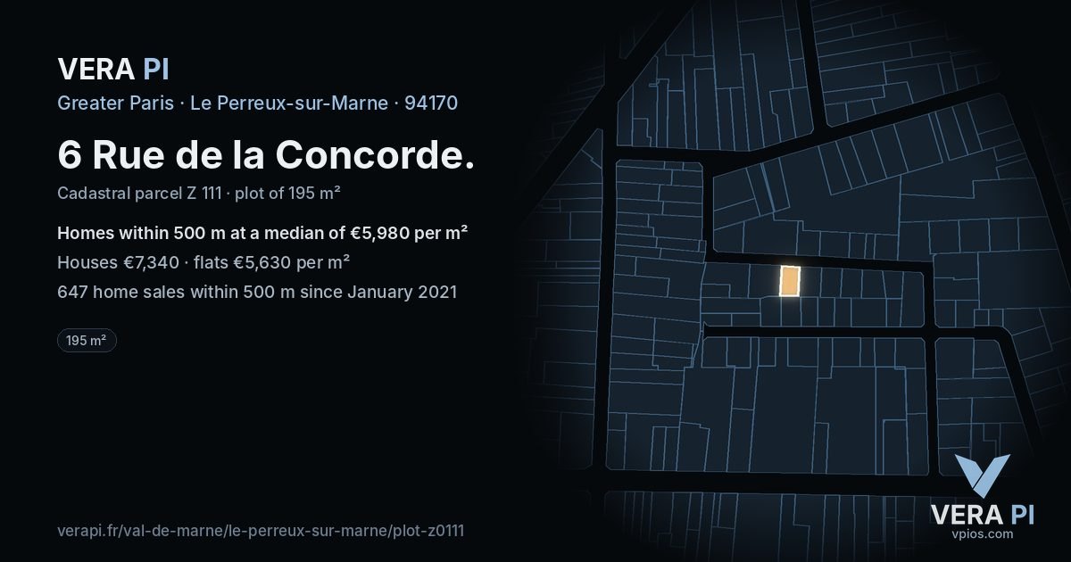 6 Rue de la Concorde, Le Perreux-sur-Marne at night – the plot lit, the parcels around coloured by the prices near them