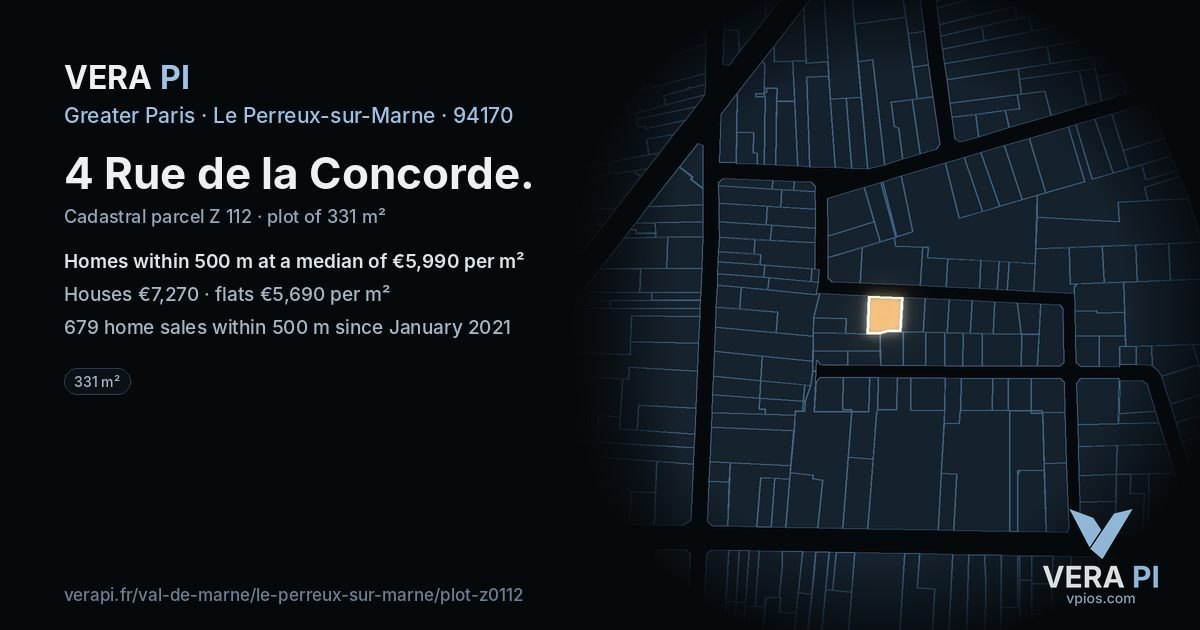 4 Rue de la Concorde, Le Perreux-sur-Marne at night – the plot lit, the parcels around coloured by the prices near them