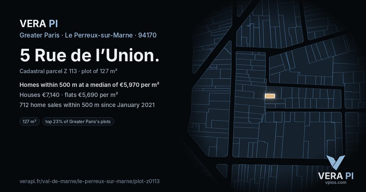 5 Rue de l’Union, Le Perreux-sur-Marne at night – the plot lit, the parcels around coloured by the prices near them