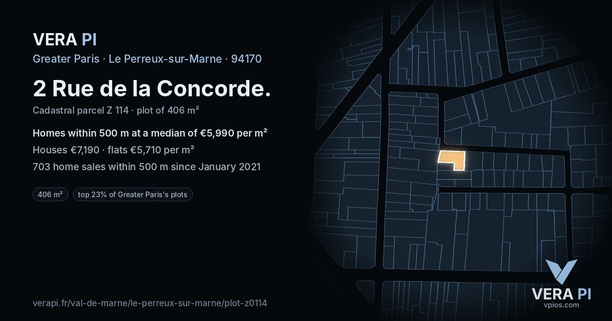 2 Rue de la Concorde, Le Perreux-sur-Marne at night – the plot lit, the parcels around coloured by the prices near them