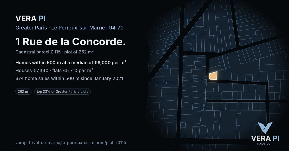 1 Rue de la Concorde, Le Perreux-sur-Marne at night – the plot lit, the parcels around coloured by the prices near them