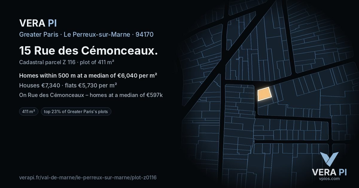 15 Rue des Cémonceaux, Le Perreux-sur-Marne at night – the plot lit, the parcels around coloured by the prices near them