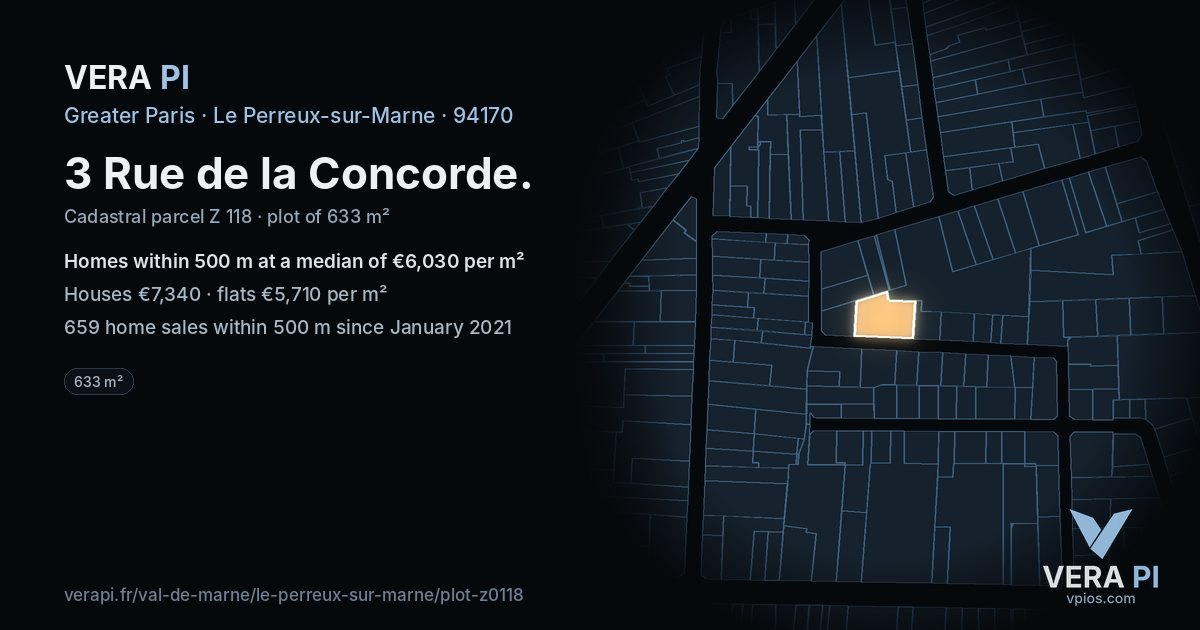 3 Rue de la Concorde, Le Perreux-sur-Marne at night – the plot lit, the parcels around coloured by the prices near them