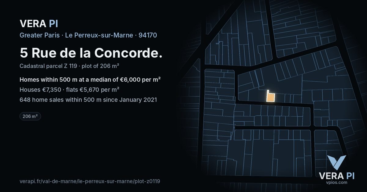 5 Rue de la Concorde, Le Perreux-sur-Marne at night – the plot lit, the parcels around coloured by the prices near them