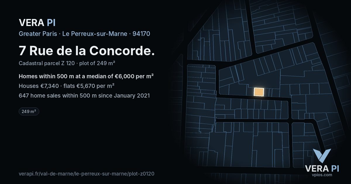 7 Rue de la Concorde, Le Perreux-sur-Marne at night – the plot lit, the parcels around coloured by the prices near them