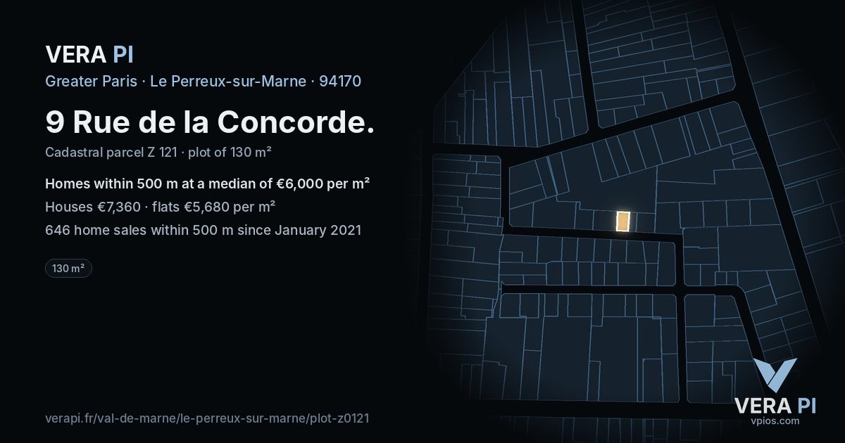 9 Rue de la Concorde, Le Perreux-sur-Marne at night – the plot lit, the parcels around coloured by the prices near them