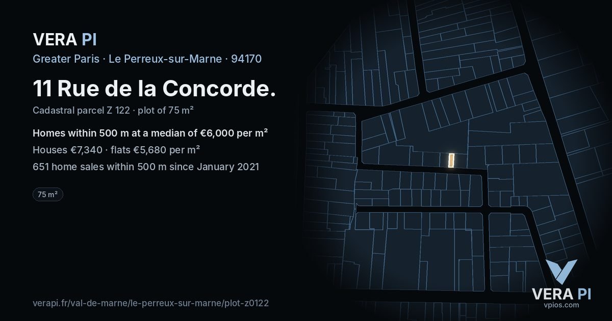 11 Rue de la Concorde, Le Perreux-sur-Marne at night – the plot lit, the parcels around coloured by the prices near them