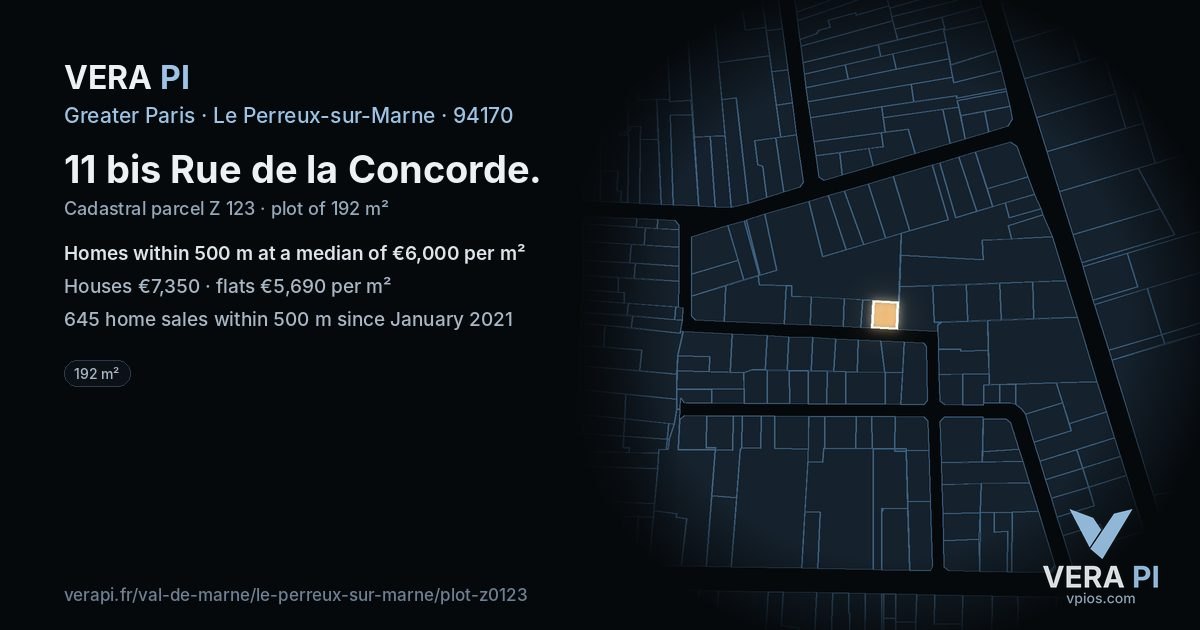 11 bis Rue de la Concorde, Le Perreux-sur-Marne at night – the plot lit, the parcels around coloured by the prices near them