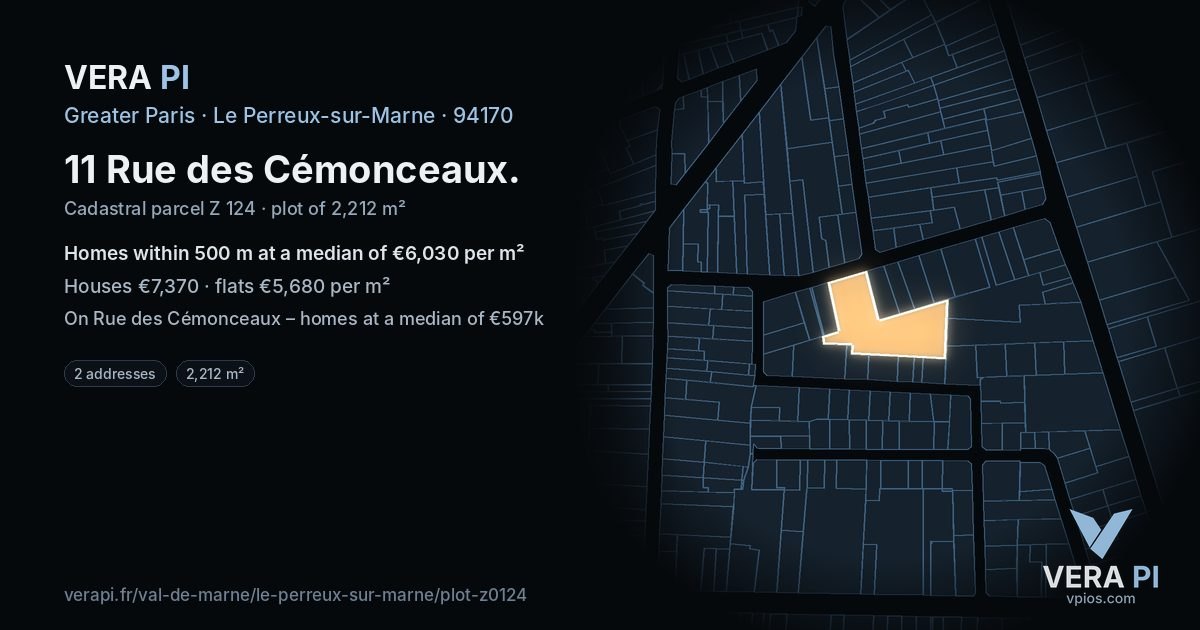 11 Rue des Cémonceaux, Le Perreux-sur-Marne at night – the plot lit, the parcels around coloured by the prices near them