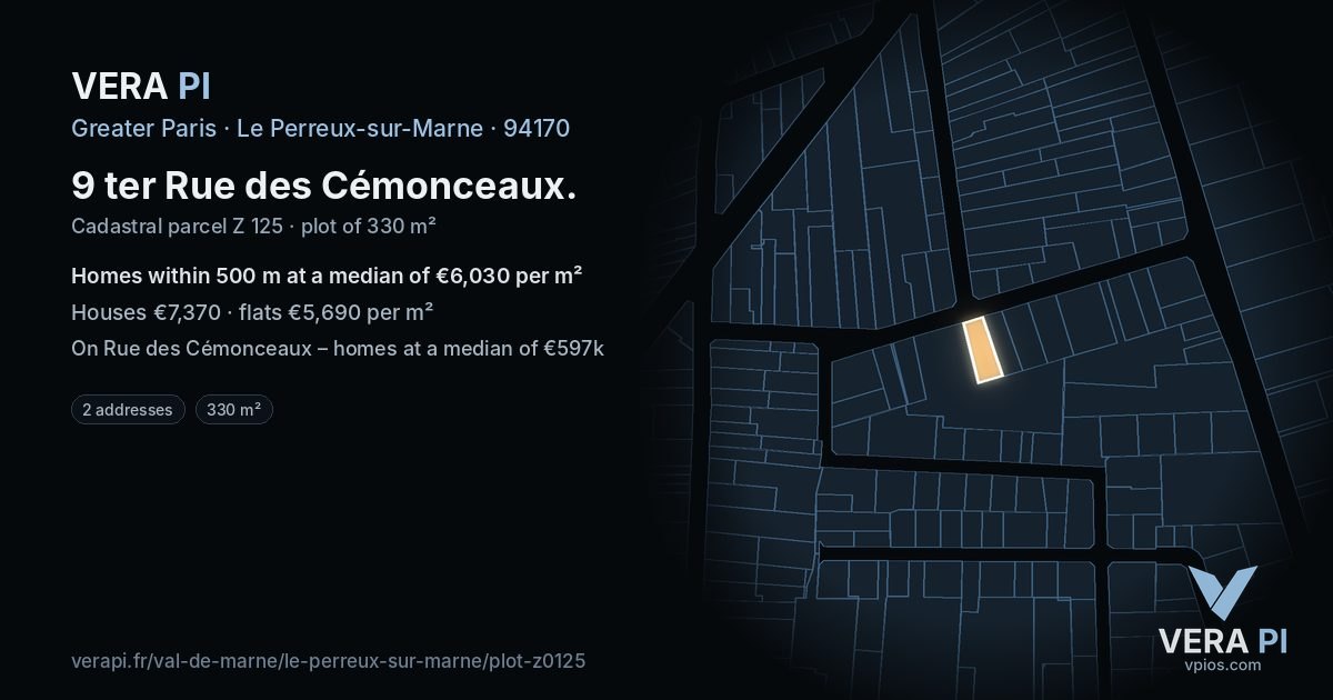 9 ter Rue des Cémonceaux, Le Perreux-sur-Marne at night – the plot lit, the parcels around coloured by the prices near them