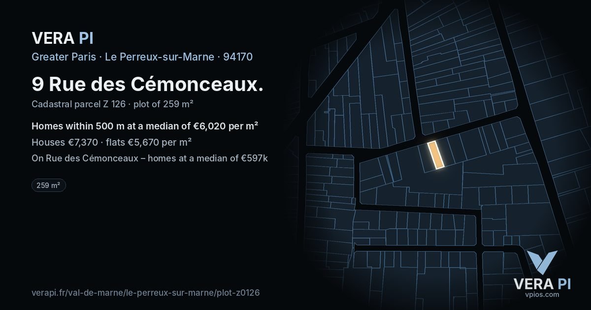 9 Rue des Cémonceaux, Le Perreux-sur-Marne at night – the plot lit, the parcels around coloured by the prices near them