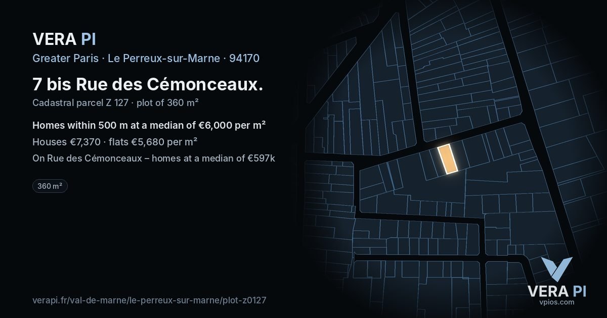 7 bis Rue des Cémonceaux, Le Perreux-sur-Marne at night – the plot lit, the parcels around coloured by the prices near them