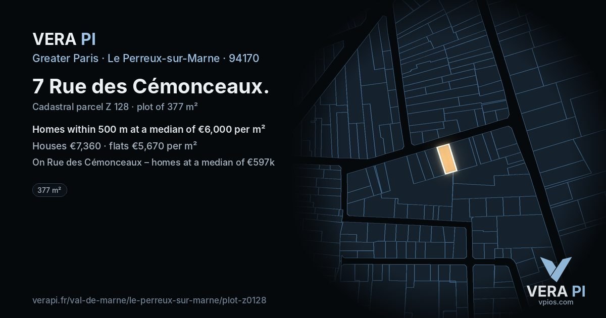 7 Rue des Cémonceaux, Le Perreux-sur-Marne at night – the plot lit, the parcels around coloured by the prices near them
