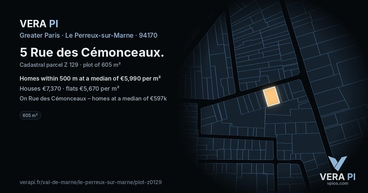 5 Rue des Cémonceaux, Le Perreux-sur-Marne at night – the plot lit, the parcels around coloured by the prices near them