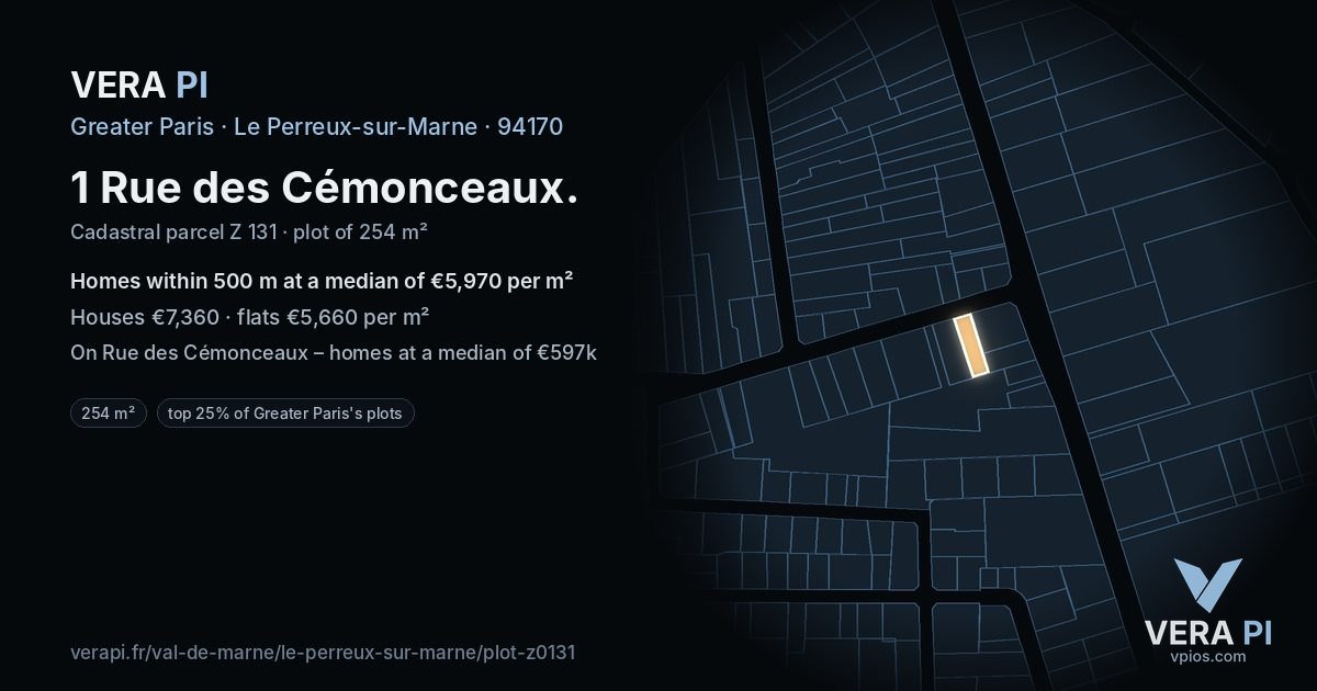 1 Rue des Cémonceaux, Le Perreux-sur-Marne at night – the plot lit, the parcels around coloured by the prices near them