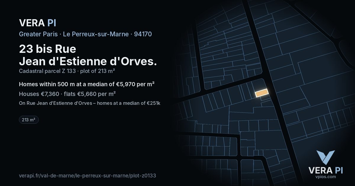 23 bis Rue Jean d'Estienne d'Orves, Le Perreux-sur-Marne at night – the plot lit, the parcels around coloured by the prices near them