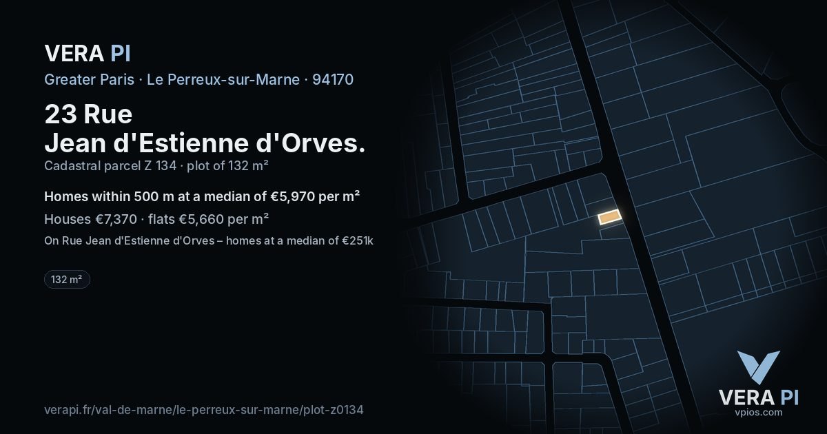 23 Rue Jean d'Estienne d'Orves, Le Perreux-sur-Marne at night – the plot lit, the parcels around coloured by the prices near them